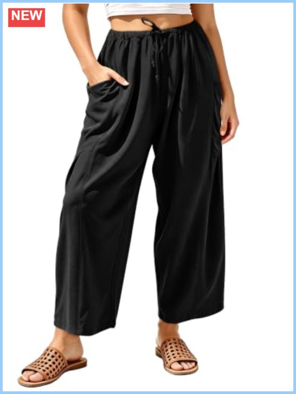 Women's Wide Leg Palazzo Pants with Pockets - Drawstring Low Rise Casual Harem